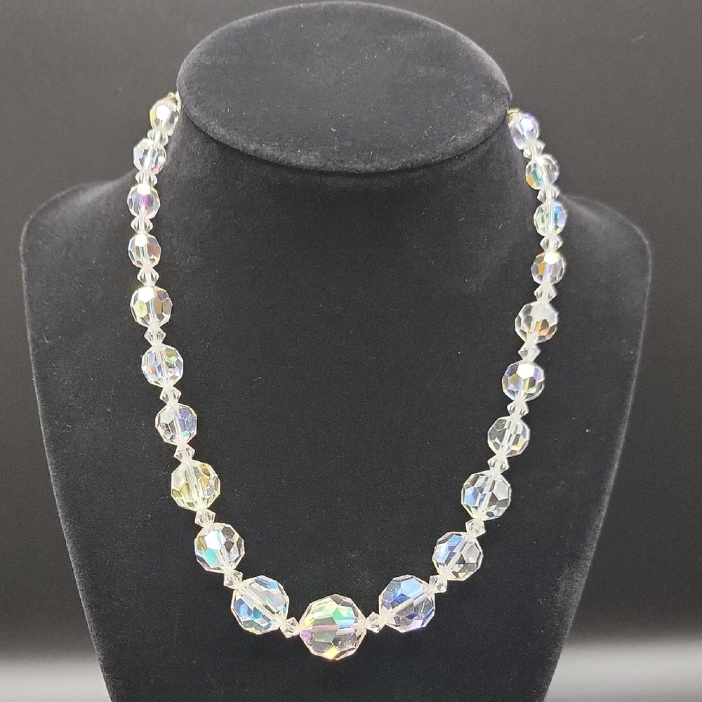 Vtg Aurora Borealis AB Swarovski Crystal Faceted Beaded Choker Petite Necklace